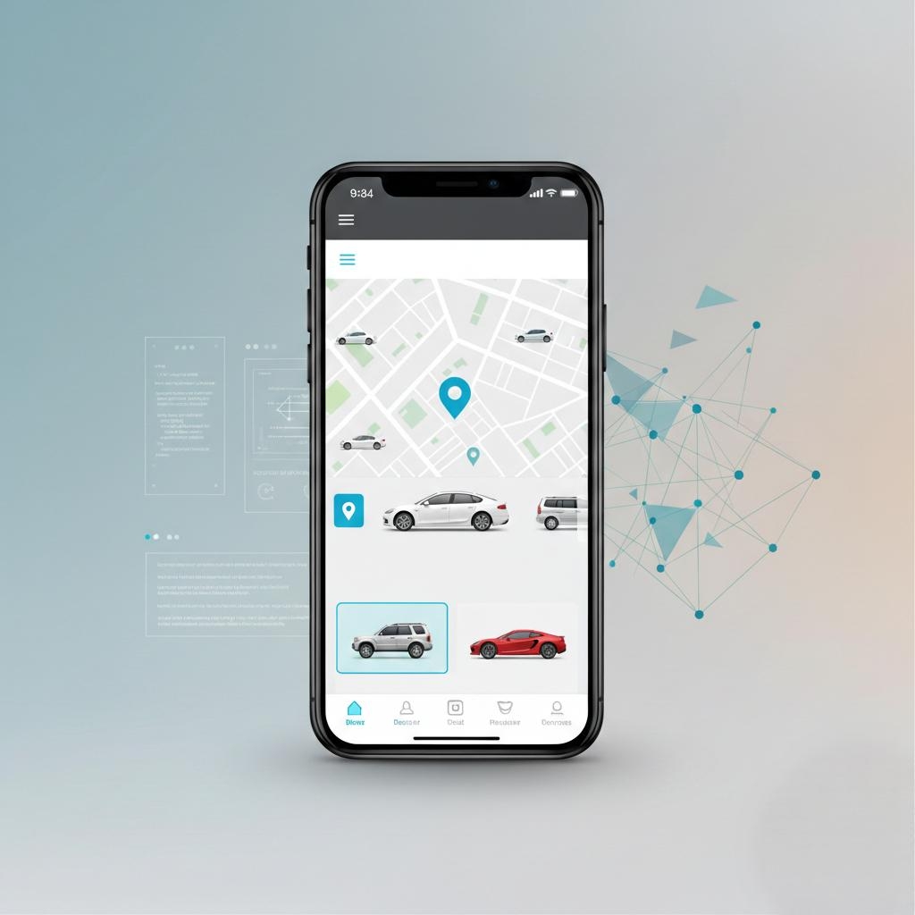 Car hire app development interface showing vehicle selection on mobile device