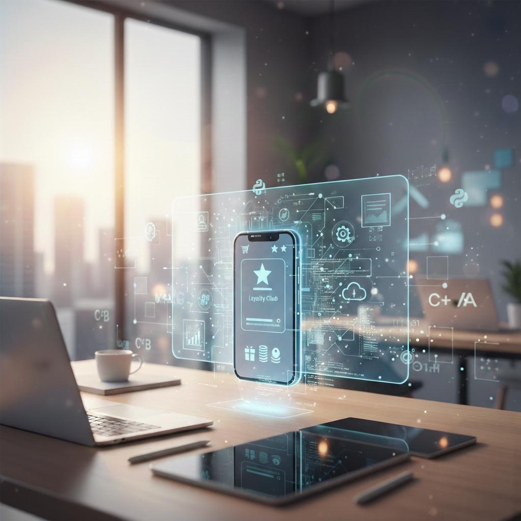 Customer Loyalty Rewards App interface showing points, digital stamps, and store locator