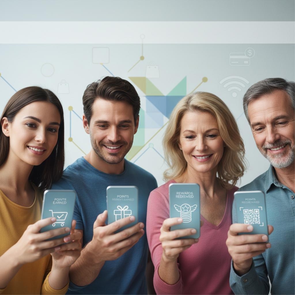 Customers using mobile loyalty points app rewards